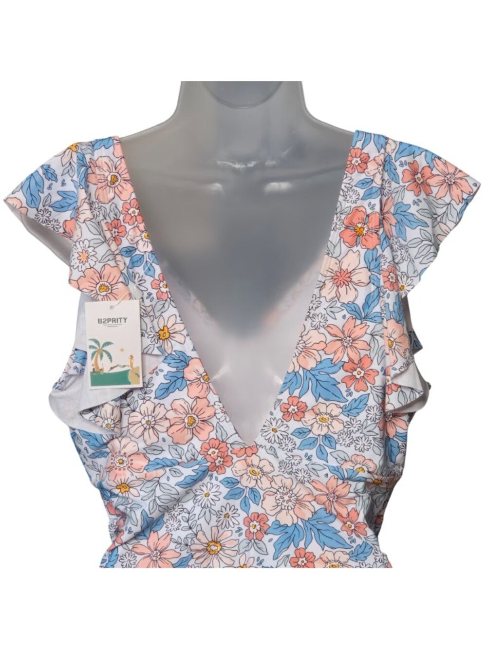 Floral Ruffle Sleeve One Piece Swimsuit XL Deep V Neck Tummy Control - Picture 8 of 9